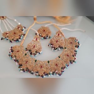 Indian Pakistani jewelry set Gold-Tone Multicolor Beaded Filigree Necklace Set